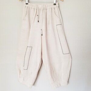 Natural Beige 100% Linen Stitch Embroidered Lantern Balloon Pants High Waist OS